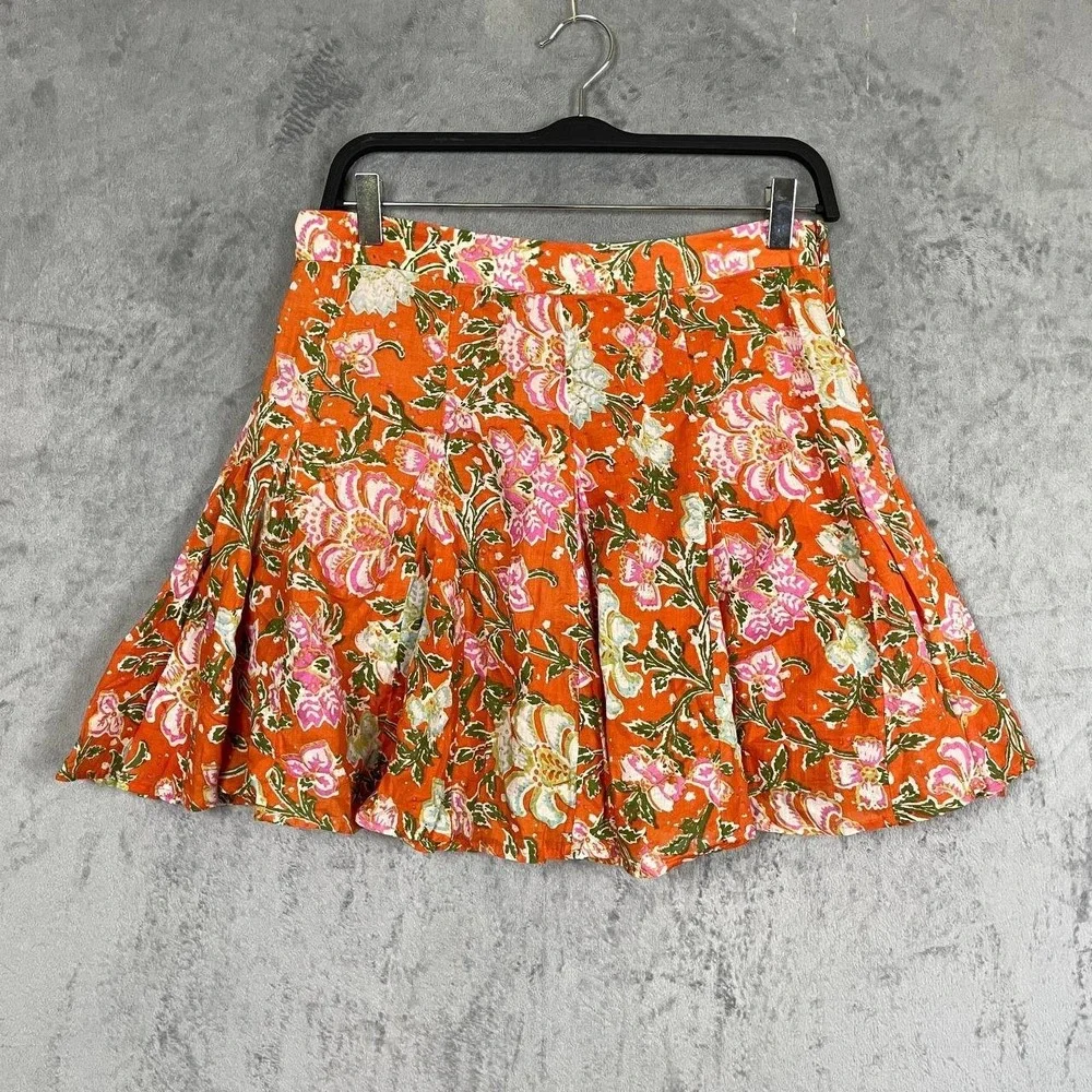 Orange Floral Pleated Mini Skirt Bohemian Size 12